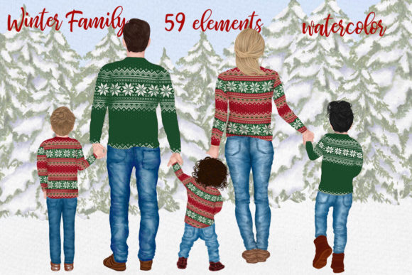 Winter Family Christmas Clipart: Hand-Painted Holiday Charm